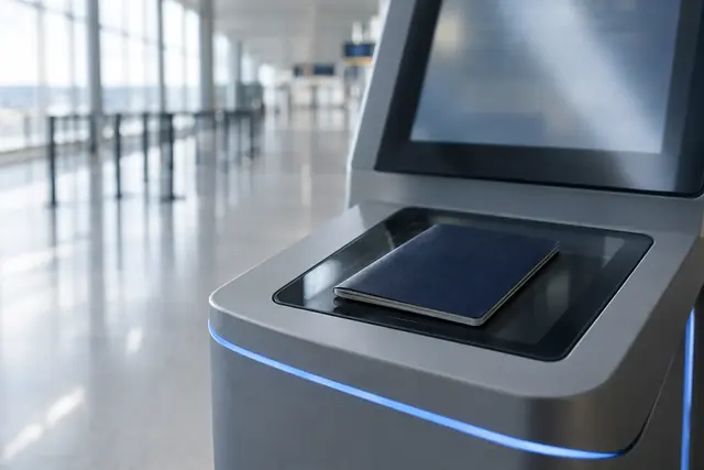 Sınır kapısındaki otomatik kiosk okuyucusunun üzerinde duran lacivert pasaport