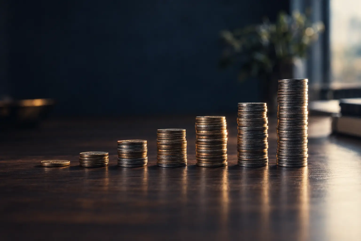 Koyu ahşap yüzeyde tek madeni paradan yüksek sütuna doğru düzenli yükselen para yığınları