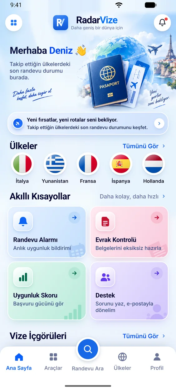 Radar Vize uygulamasının ana ekranı: takip edilen ülkeler ve akıllı kısayollar